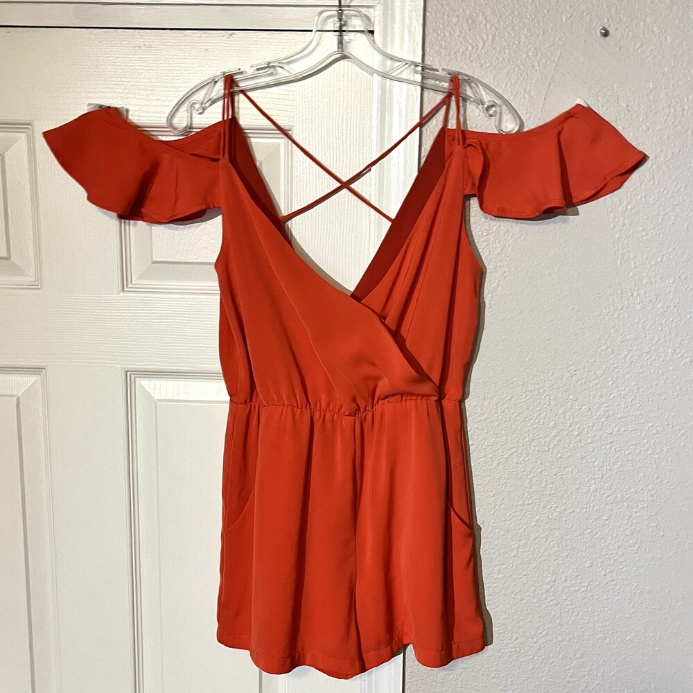 Sugar Lips Womens Romper One Piece Coral Deep V Strappy Lightweight Ruffle S